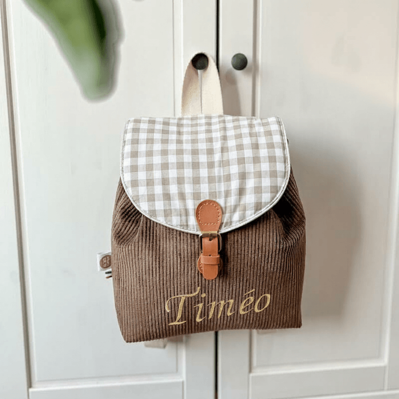 sac à dos personnalisable en velours chocolat et vichy