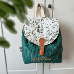 sac à dos personnalisable en velours vert sapin et motif feuillage