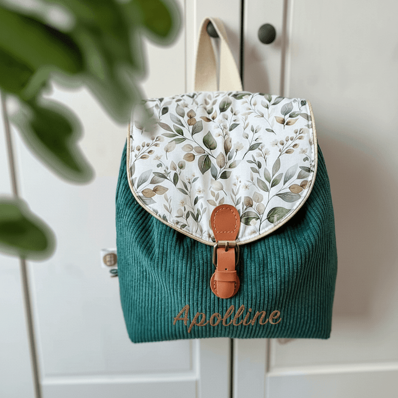 sac à dos personnalisable en velours vert sapin et motif feuillage