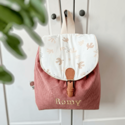 sac à dos personnalisable en velours paprika et motifs oiseaux