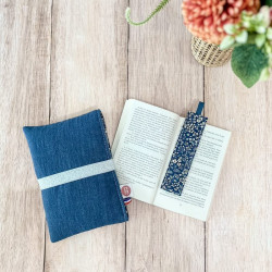 Pochette pour livre en lin bleu marine, bleu jeans